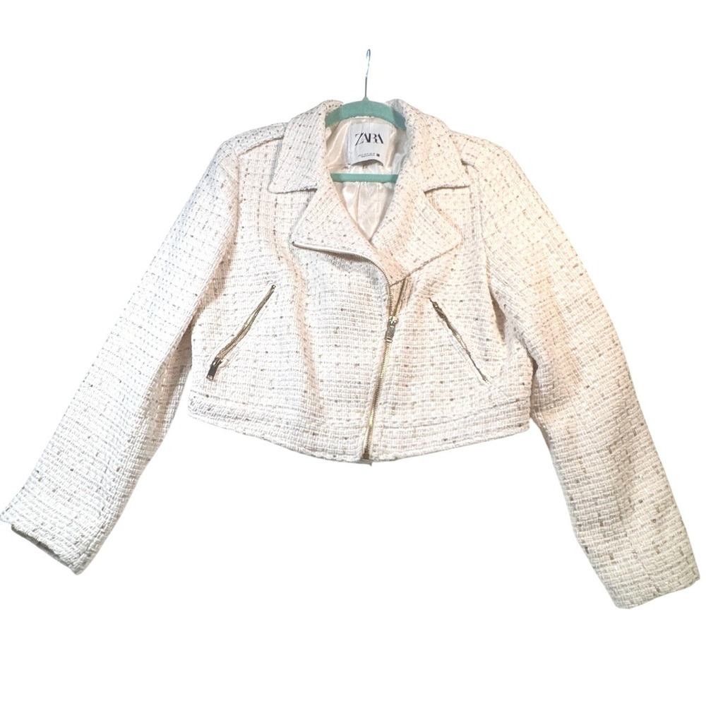 ZARA Tweed Moto Jacket Sequins Cream Gold Zip Cropped Women's M Sparkle